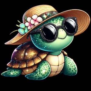 May include: A cartoon turtle wearing a straw hat adorned with flowers and sparkling sunglasses. The turtle has a green body, a brown shell, and is set against a black background. The image has a whimsical and playful aesthetic.