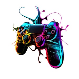 Op de afbeelding: Een zwarte PlayStation-controller met kleurrijke verfspatten, die een levendig en abstract ontwerp creëren.