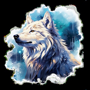 Pode incluir: Um lobo branco com olhos azuis, olhando para cima e para a esquerda, contra um fundo de aquarela azul e branco.