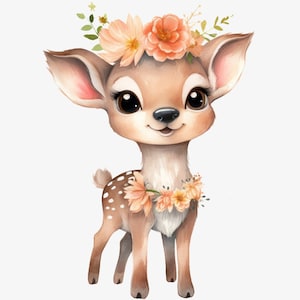May include: A cute cartoon fawn with brown fur and white spots, wearing a crown of orange flowers and a necklace of orange flowers. The fawn has big brown eyes and a sweet expression.