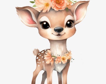 May include: A cute cartoon fawn with brown fur and white spots, wearing a crown of orange flowers and a necklace of orange flowers. The fawn has big brown eyes and a sweet expression.