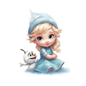 Może przedstawiać: Cyfrowa ilustracja małej dziewczynki z blond włosami, ubranej w jasnoniebieską sukienkę i kapelusz z akcentami płatków śniegu. Uśmiechnięty bałwanek stoi obok niej. Obraz ma miękki, kreskówkowy styl.