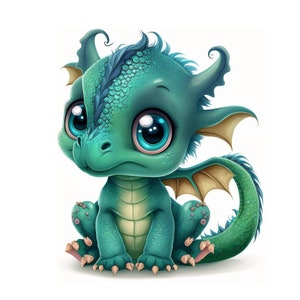 May include: A teal green baby dragon with large blue eyes and a small, curled tail. The dragon is sitting on its hind legs with its wings spread out.