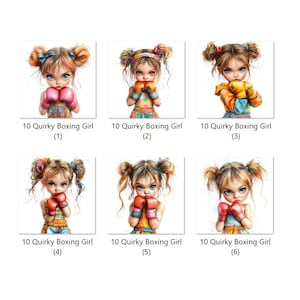 Puede incluir: Seis ilustraciones de chicas con guantes de boxeo. Cada chica tiene un peinado y un atuendo diferente. Las chicas sonríen y se ven seguras de sí mismas. Las ilustraciones están en un estilo de dibujos animados.
