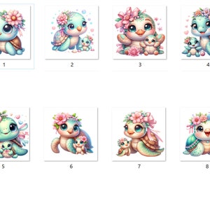 Könnte beinhalten: Acht Illustrationen von niedlichen Comic-Schildkröten, die Blumenkränze tragen und Babyschildkröten halten. Die Schildkröten sind alle in verschiedenen Farben und haben verschiedene Gesichtsausdrücke.