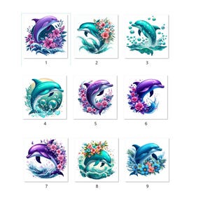 May include: Nine different digital illustrations of dolphins jumping out of the water with flowers and bubbles. The dolphins are blue and purple with white accents. The flowers are pink, purple, and blue.