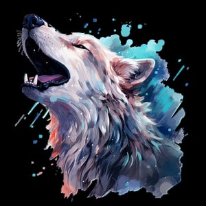 Könnte beinhalten: Ein weißer Wolf, der mit offenem Maul heult, in Aquarelltechnik gemalt mit blauen und weißen Farbspritzern.