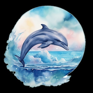 May include: A watercolour painting of a dolphin leaping out of the water. The dolphin is grey and white, and the water is blue and green. The background is a light blue sky with white clouds.