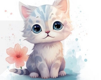 May include: A cute cartoon illustration of a grey and white kitten with blue eyes. The kitten is sitting on a light blue background with pink flower accents.