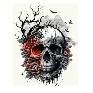 Peut inclure: Un crâne noir et blanc avec un œil rouge, entouré de branches noires et de roses rouges. L'orbite de l'œil du crâne révèle un petit bâtiment gris avec un clocher.