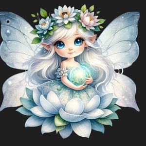 May include: A fairy with white hair and blue eyes is sitting on a white lotus flower. She is wearing a white dress and a crown of flowers. She is holding a blue orb in her hands. Her wings are white and translucent.