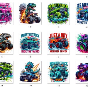 Puede incluir: Doce ilustraciones coloridas de camiones monstruo con diferentes temas. Cada ilustración presenta un camión monstruo con detalles únicos y un fondo con un toque de color. Los temas incluyen "Love the Ride", "Ride the Waves", "Just a Boy Who Loves Monster Trucks", "Fearless Monster Trucks", "Jungle", "Diver", y más.