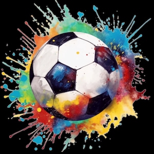 Op de afbeelding: Een witte en zwarte voetbal met een kleurrijke aquarel splatter achtergrond. De kleuren in de achtergrond omvatten blauw, groen, geel, oranje en rood.