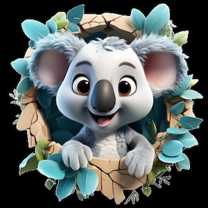 Könnte beinhalten: Ein Cartoon-Koala-Bär mit braunen Augen und einem breiten Lächeln schaut aus einem Loch in einem Baumstamm, der von blauen Blättern umgeben ist.