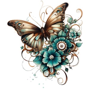 May include: A gold and brown butterfly with teal blue flowers and intricate gold swirls. The butterfly has a detailed design with a metallic sheen.