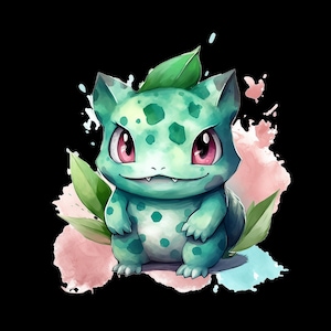 Puede incluir: Una ilustración de dibujos animados de una criatura verde, manchada, similar a un lagarto con una hoja en la cabeza. La criatura tiene ojos rojos y una sonrisa de dientes. El fondo es una acuarela de color rosa y azul.