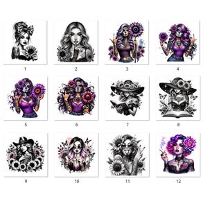 Könnte beinhalten: Zwölf verschiedene Designs für temporäre Tattoos mit Frauen, Blumen und Schädeln. Die Tattoos sind in Schwarzweiß mit violetten Akzenten.
