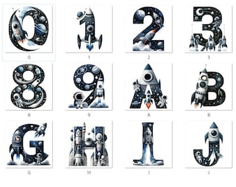 Iron-on patch; iron-on motif, alphabet, numbers, astronaut, rockets, space