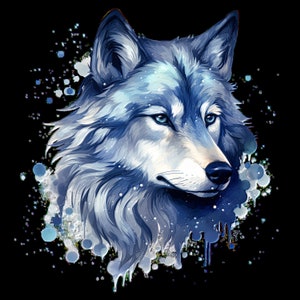 Könnte beinhalten: Der Kopf eines blauen Wolfes mit einer weißen Schnauze, umgeben von blauen Wasserfarbenspritzern auf schwarzem Hintergrund.