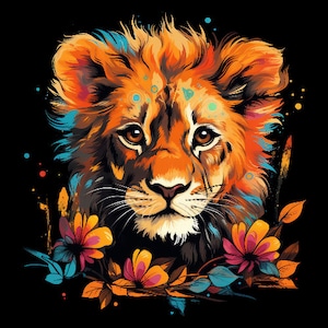 Op de afbeelding: Een kleurrijke illustratie van een leeuwenwelpje met oranje vacht en een blauw-groene manen. Het welpje is omringd door kleurrijke bloemen en bladeren.