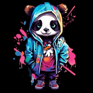 May include: A cartoon panda wearing a blue hooded jacket with colorful paint splatters. The panda has black eyes and a black nose. The panda is standing on a black background with pink and blue paint splatters.