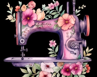 May include: Watercolor illustration of a vintage sewing machine in shades of purple and pink, adorned with floral arrangements. The machine features intricate details and is surrounded by flowers and leaves, creating a whimsical design.