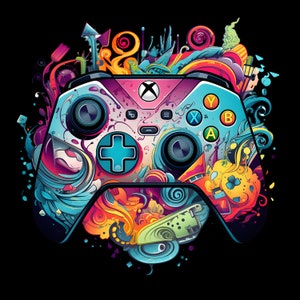 Op de afbeelding: Een kleurrijk, abstract ontwerp met een videogamecontroller met blauwe, roze, gele en groene accenten. De controller heeft een blauw en wit ontwerp met zwarte knoppen en een blauwe directionele pad.