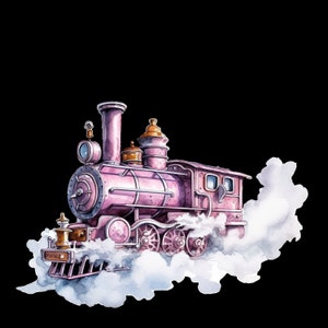 May include: A pink vintage steam locomotive train engine with gold accents and black wheels, surrounded by white clouds.