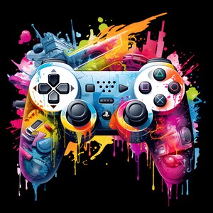 Puede incluir: Un mando de videojuego en blanco y negro rodeado de un diseño abstracto colorido de salpicaduras y gotas de pintura. El mando tiene un cuerpo azul, botones blancos y joysticks negros.