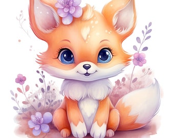 May include: A cute cartoon fox with orange fur, blue eyes, and a pink nose. The fox is wearing a purple flower on its head and is sitting in a field of purple flowers.