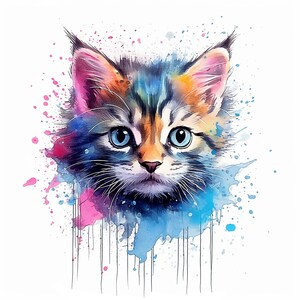 Könnte beinhalten: Ein Aquarellbild einer bunten Katze mit blauen Augen. Die Katze ist von rosa und blauen Aquarellspritzer umgeben.