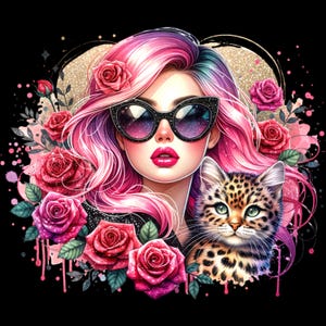 Op de afbeelding: Digitale illustratie van een vrouw met roze haar en een zonnebril, omringd door rozen en een luipaardkat. De vrouw heeft felroze lippen, tegen een zwarte achtergrond met een gouden glitterhart.
