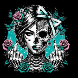 Iron-on patch; iron-on motif, skeleton, woman, middle finger