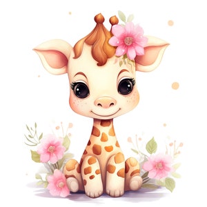 Puede incluir: Una linda jirafa de dibujos animados con manchas marrones, que lleva una flor rosa en la cabeza, sentada sobre un fondo blanco con flores rosas.