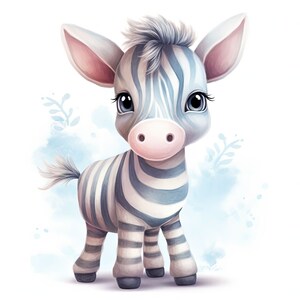 Könnte beinhalten: Eine bezaubernde Illustration eines Baby-Zebras mit blau-weißen Streifen. Das Zebra hat große, ausdrucksstarke Augen, eine rosa Nase und eine flauschige Mähne. Der Hintergrund zeigt weiche blaue Aquarellwaschungen und zarte florale Akzente.