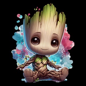 May include: A cartoon illustration of a green and brown Groot character from the Guardians of the Galaxy movie franchise. The character is sitting with a friendly expression and has a green leafy pattern on its body. The background is a watercolor wash of blue, pink, and white.