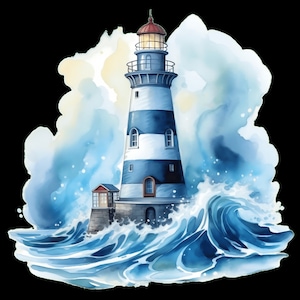Puede incluir: Una pintura de acuarela de un faro con rayas blancas y azules de pie en una costa rocosa con olas rompiendo. El faro tiene un techo rojo y una pequeña ventana en el lateral.