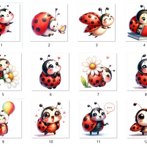 Op de afbeelding: Twaalf illustraties van schattige lieveheersbeestjes in verschillende poses. Sommige lieveheersbeestjes houden bloemen, boeken of ballonnen vast. Anderen vliegen of zitten op een blad. Alle lieveheersbeestjes zijn rood met zwarte stippen.