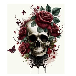 Peut inclure: Un crâne blanc avec des orbites noires est orné d'une couronne de roses rouge foncé et de feuilles vertes. Le crâne est entouré d'un délicat motif de dentelle noire et d'un fond aquarelle.