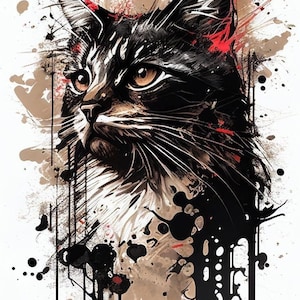 Peut inclure: Un chat noir et blanc aux yeux bruns est représenté dans un style artistique abstrait et stylisé. La fourrure du chat est rendue avec des traits audacieux et des éclaboussures de peinture, créant une composition dynamique et énergique. L'arrière-plan présente un mélange d'éclaboussures de peinture noire, blanche et brune, ajoutant à la nature abstraite et expressive de l'œuvre d'art.