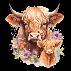 Pode incluir: Uma pintura em aquarela de uma vaca Highland marrom com um bezerro. A vaca tem cabelos longos e fluidos e uma expressão gentil. O bezerro é menor e tem uma aparência mais brincalhona. Ambas as vacas estão cercadas por flores rosa e roxas.