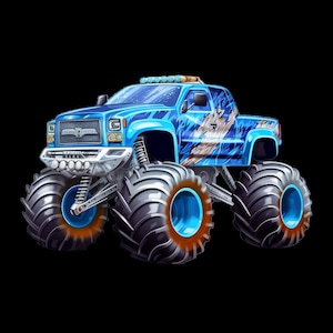 Peut inclure: Un camion monster bleu avec un motif d'éclair blanc et bleu. Le camion a de gros pneus noirs avec des jantes bleues.