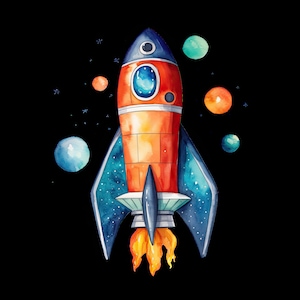May include: A watercolour illustration of a red and orange rocket ship with blue flames, flying through space with blue and orange planets.