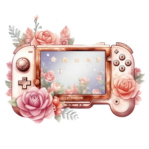 Op de afbeelding: Een witte en gouden handheld-gameconsole met een roze bloemenontwerp. De console heeft een scherm dat een lichtblauwe achtergrond toont met witte lampjes en roze bloemen. De tekst "NF TRIFISTER" is zichtbaar op de console.