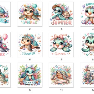 May include: Twelve digital illustrations of cute cartoon turtles with summer themes. Each turtle is wearing a different outfit and has a different background. The turtles are all smiling and have big eyes. The illustrations are perfect for use on t-shirts, mugs, phone cases, and other merchandise.