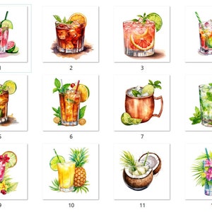 Peut inclure: Douze illustrations à l'aquarelle de différents cocktails, chacun avec une combinaison unique de fruits, de garnitures et de glace. Les cocktails sont représentés dans des verres transparents, certains avec un mug en cuivre. Les illustrations sont sur fond blanc.