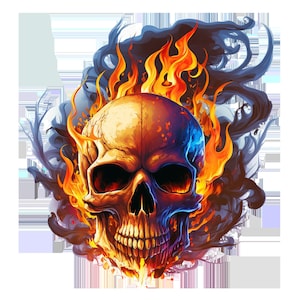 Puede incluir: Una calavera con un diseño de llamas de color naranja y amarillo fuego. La calavera está rodeada de humo azul.