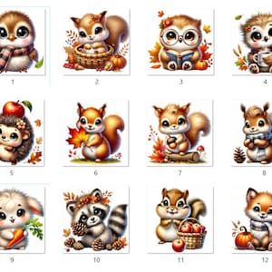 Puede incluir: Doce imágenes ilustradas de animales lindos en entornos otoñales. Los animales incluyen un pájaro, ardillas, un erizo, un mapache, un conejito y un zorro. Las imágenes son perfectas para usar en manualidades, scrapbooking o diseño digital.