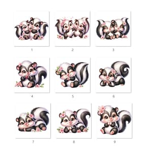 Könnte beinhalten: Neun Illustrationen von niedlichen Comic-Stinktieren mit rosa Blumen im Haar. Die Stinktiere sind schwarz-weiß mit rosa Nasen und in verschiedenen Posen.