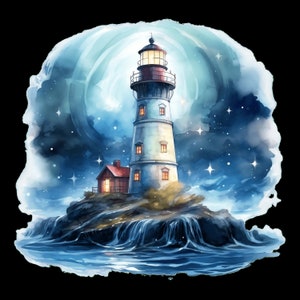 Könnte beinhalten: Ein weißer Leuchtturm mit rotem Dach steht auf einer felsigen Insel unter einem sternenklaren Nachthimmel. Der Leuchtturm hat ein helles Licht, das von oben leuchtet. Das Wasser, das die Insel umgibt, ist dunkelblau und unruhig.